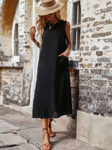 SHEIN Unity Dual Pockets Sleeveless Tank Dress - Black - View 5