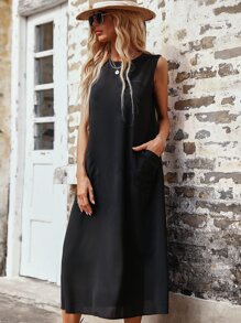 SHEIN Unity Dual Pockets Sleeveless Tank Dress - Black - View 6