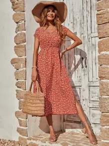SHEIN Unity Đầm Tách cao Họa tiết hoa Boho - Màu Cam cháy - Xem 1