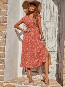 SHEIN Unity Đầm Tách cao Họa tiết hoa Boho - Màu Cam cháy - Xem 4