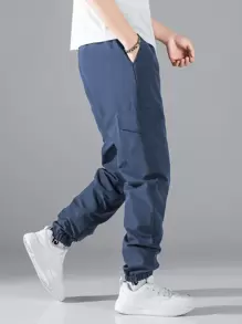 Manfinity Hypemode Men Flap Pocket Side Drawstring Waist Pants, Cargo Plain Royal Blue Going Out, Fall - Navy Blue - View 2