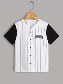 SHEIN Boys Buttoned Front Letter and Striped Shirt - White - View 1