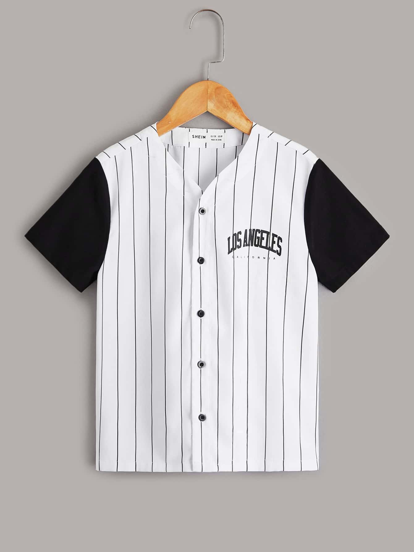 SHEIN Boys Buttoned Front Letter and Striped Shirt - White - View 1