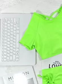 Conjunto de bikini con top con cordones en la espalda y Bottom con cordón lateral, para vacaciones de verano en la playa - Verde Lima - Ver 3