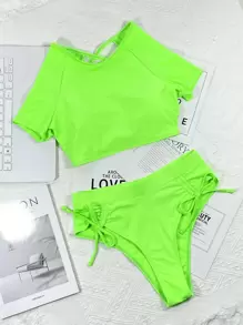 Conjunto de bikini con top con cordones en la espalda y Bottom con cordón lateral, para vacaciones de verano en la playa - Verde Lima - Ver 4