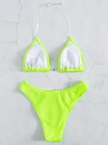Bikini halter neón con triángulo para traje de baño de verano en la playa - Verde Lima - Ver 2