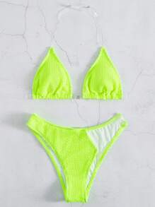 Bikini halter neón con triángulo para traje de baño de verano en la playa - Verde Lima - Ver 4