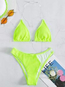 Bikini halter neón con triángulo para traje de baño de verano en la playa - Verde Lima - Ver 5
