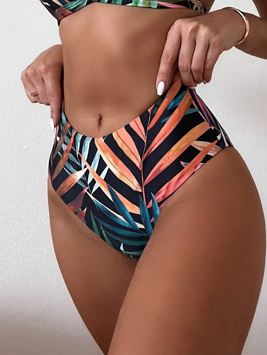 Braga de bikini de talle alto con estampado de plantas, para verano y vacaciones en la playa - Multicolor - Ver 1