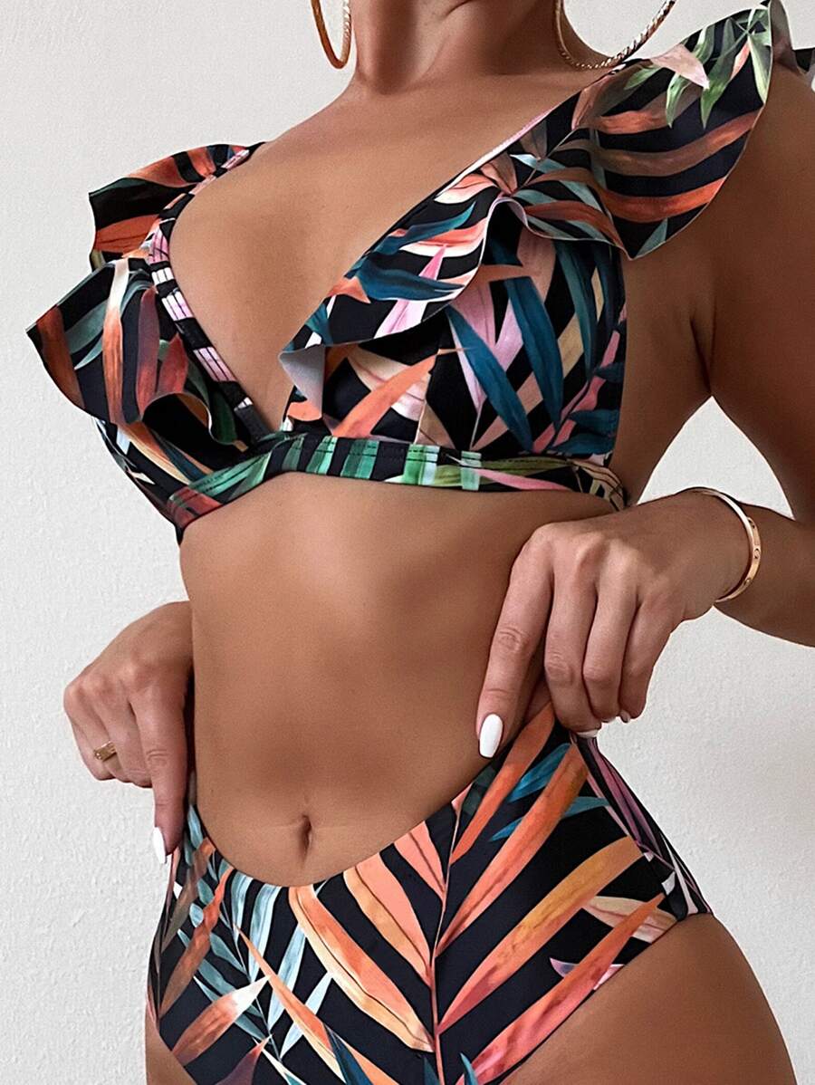 Plant Print Ruffle Trim Bikini Top, For Summer Beach Vacation - Multicolor - View 1
