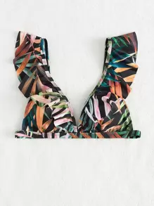Plant Print Ruffle Trim Bikini Top, For Summer Beach Vacation - Multicolor - View 3