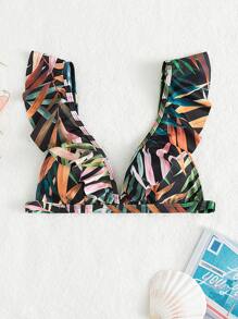 Plant Print Ruffle Trim Bikini Top, For Summer Beach Vacation - Multicolor - View 4