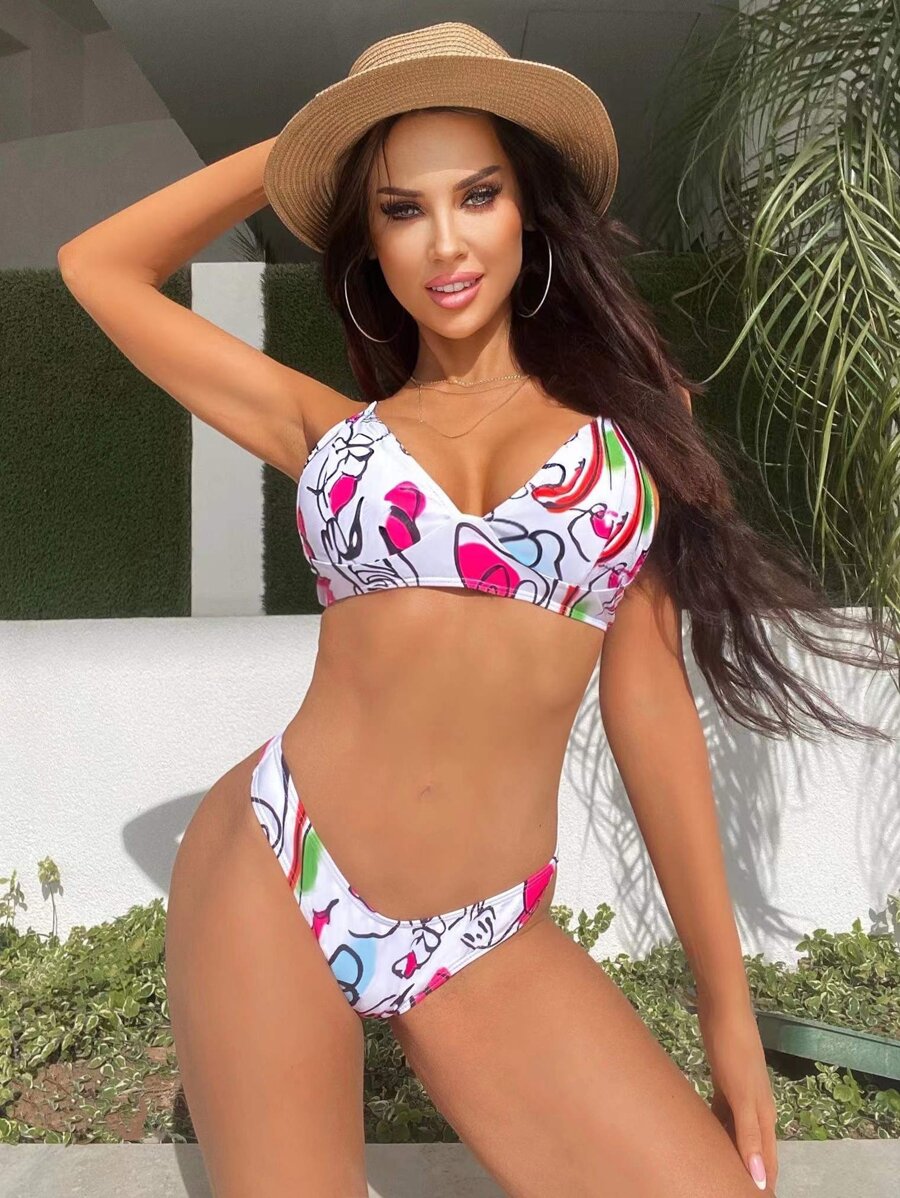 Stick Figure Pattern High Cut Bikini - Multicolor - View 1