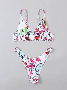 Stick Figure Pattern High Cut Bikini - Multicolor - View 3