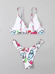 Stick Figure Pattern High Cut Bikini - Multicolor - View 6