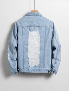 Manfinity Hombres Cazadora mezclilla desgarro con bolsillo con solapa con botón - Lavado ligero - Ver 2