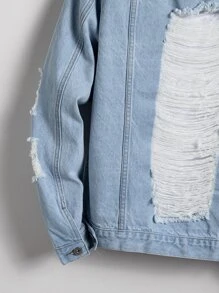 Manfinity Hombres Cazadora mezclilla desgarro con bolsillo con solapa con botón - Lavado ligero - Ver 4