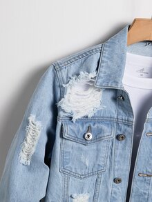 Manfinity Hombres Cazadora mezclilla desgarro con bolsillo con solapa con botón - Lavado ligero - Ver 5