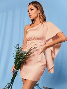 Double Crazy 單肩鐘形袖緊身洋裝 - 淺粉色 - 查看 1