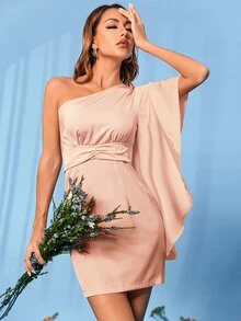 Double Crazy 單肩鐘形袖緊身洋裝 - 淺粉色 - 查看 3