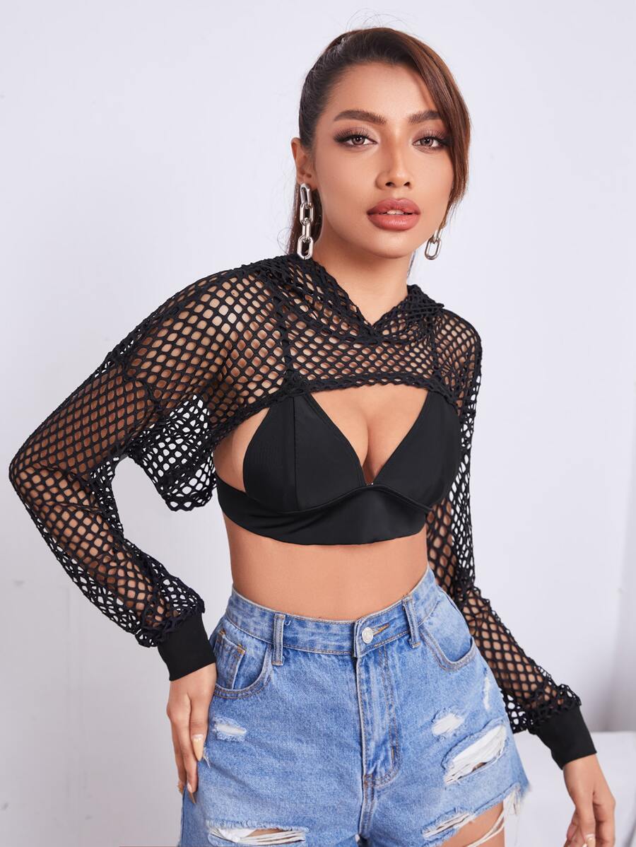 SHEIN Essnce Drop Shoulder Super Crop Hoodie Without Bra - Black - View 1