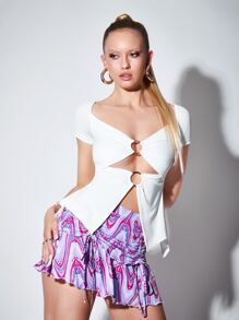 SHEIN BAE Ring Link Split Hem T-shirt - White - View 5