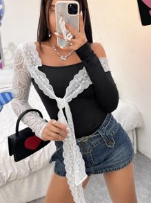 Contrast Lace Tie Front Bodysuit - Black and White - View 1