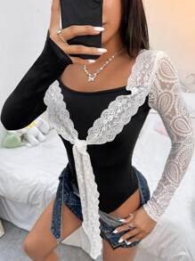 Contrast Lace Tie Front Bodysuit - Black and White - View 3