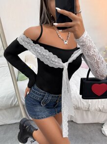 Contrast Lace Tie Front Bodysuit - Black and White - View 4