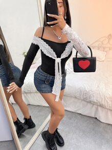 Contrast Lace Tie Front Bodysuit - Black and White - View 5