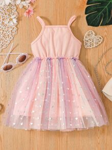 SHEIN Young Girl Heart Mesh Panel Cami Dress - Baby Pink - View 2