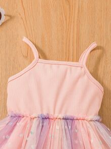 SHEIN Young Girl Heart Mesh Panel Cami Dress - Baby Pink - View 4