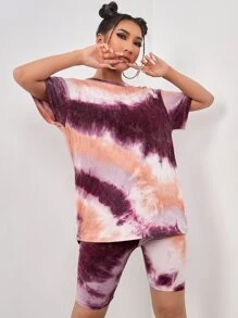 SHEIN EZwear 紮染水洗T恤和機車短褲套裝 - 彩色 - 查看 1