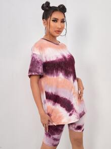 SHEIN EZwear 紮染水洗T恤和機車短褲套裝 - 彩色 - 查看 3