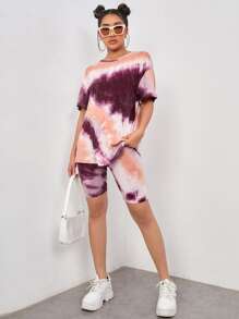 SHEIN EZwear 紮染水洗T恤和機車短褲套裝 - 彩色 - 查看 4