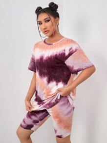 SHEIN EZwear 紮染水洗T恤和機車短褲套裝 - 彩色 - 查看 5