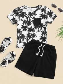SHEIN Toddler Boys Tropical Print Tee & Drawstring Waist Track Shorts - Black and White - View 1
