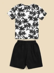 SHEIN Toddler Boys Tropical Print Tee & Drawstring Waist Track Shorts - Black and White - View 2