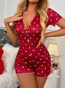 Heart Print Lettuce Trim Romper - Red - View 4