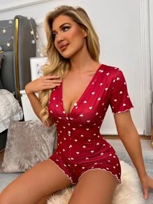 Heart Print Lettuce Trim Romper - Red - View 5