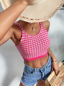 Plaid Crop Knit Top - Hot Pink - View 1