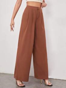 SHEIN Privé Pantalones palazzo con fruncido con cremallera - Óxido marrón - Ver 1