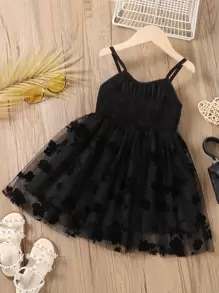 SHEIN Young Girl Sweet Cute Sleeveless Jacquard Net Tulle Cami Dress, Retro Classic Design, Suitable For Beach Vacation And Daily Wear In Spring Summer