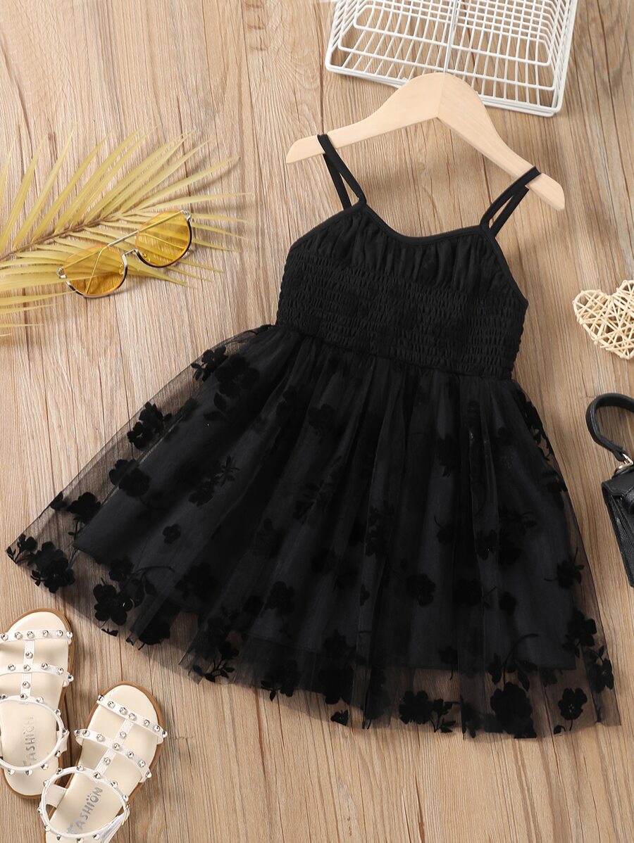 SHEIN Young Girl Sweet Cute Sleeveless Jacquard Net Tulle Cami Dress, Retro Classic Design, Suitable For Beach Vacation And Daily Wear In Spring Summer