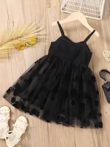 SHEIN Young Girl Sweet Cute Sleeveless Jacquard Net Tulle Cami Dress, Retro Classic Design, Suitable For Beach Vacation And Daily Wear In Spring Summer
