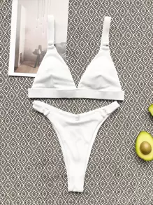 Swim Chiccia Summer Beach Rib Ring Linked High Cut Bikini Set - White - View 4