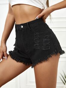 Quần short denim nữ Túi Hem thô Bị tách Dây kéo màu trơn - màu đen - Xem 4