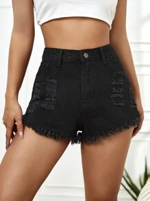 Quần short denim nữ Túi Hem thô Bị tách Dây kéo màu trơn - màu đen - Xem 1