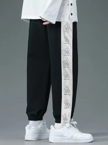 Manfinity Men Letter & Cartoon Graphic Contrast Side Seam Sweatpants - Black - View 2