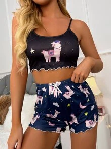 綿羊圖案木耳邊吊帶睡衣 - 彩色 - 查看 3